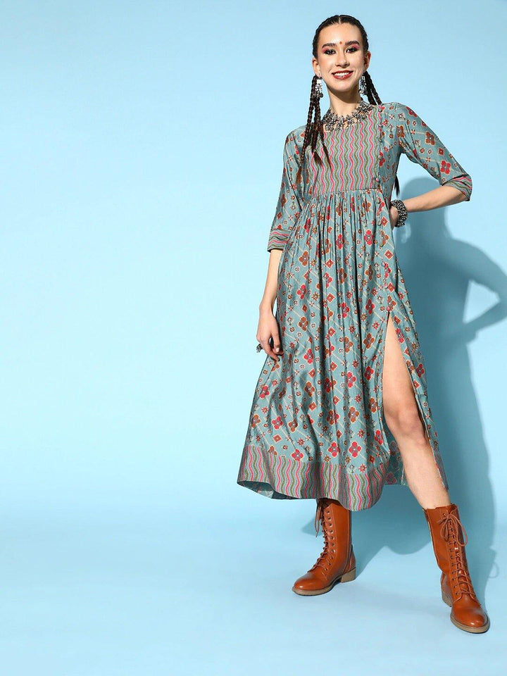 Blue Printed Rayon A-Line Kurti