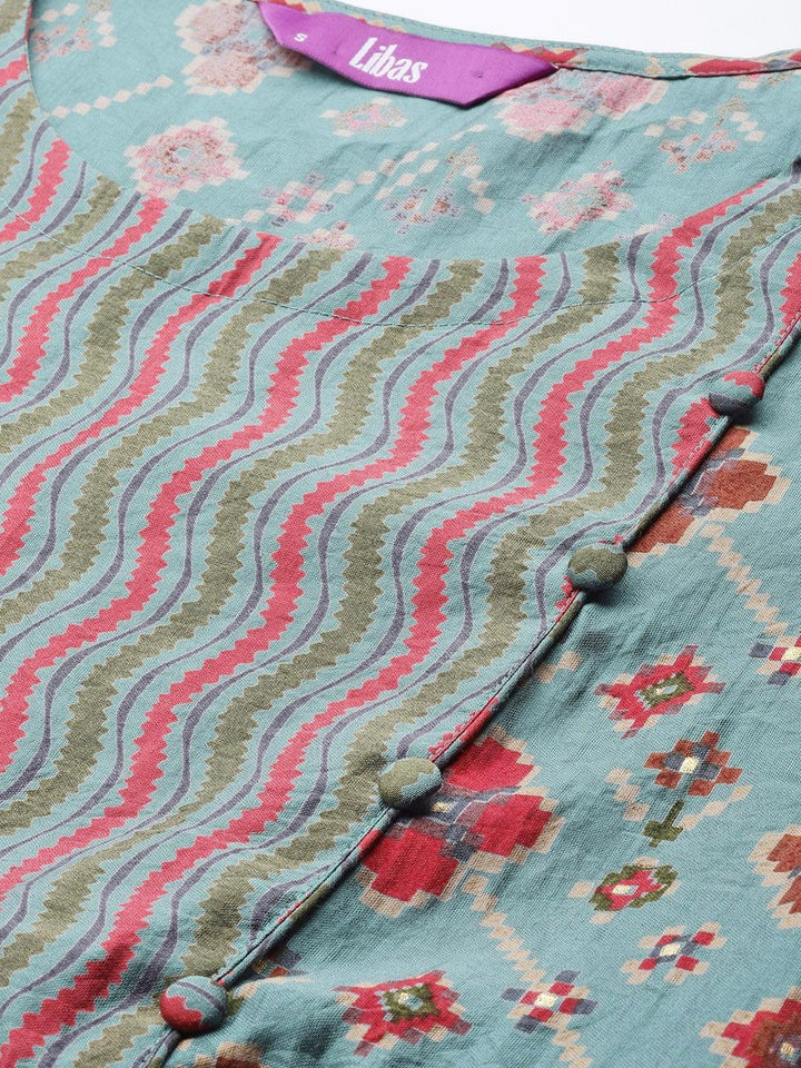 Blue Printed Rayon A-Line Kurti