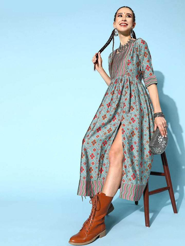 Blue Printed Rayon A-Line Kurti