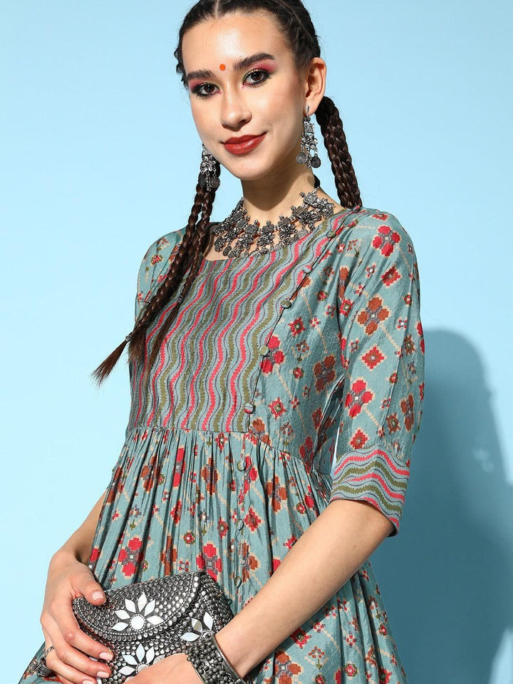 Blue Printed Rayon A-Line Kurti