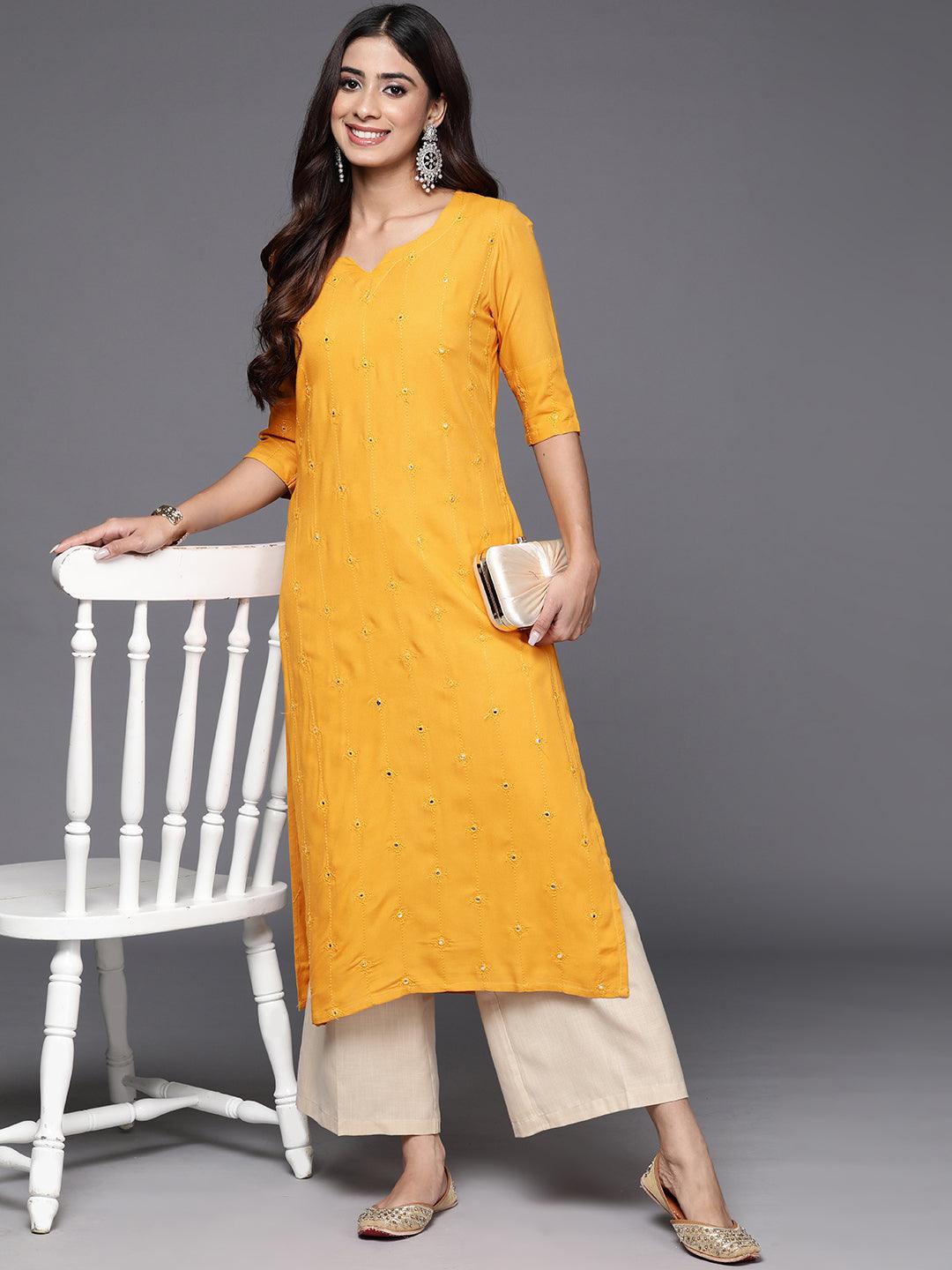 Mustard Embroidered Rayon Straight Kurta - ShopLibas