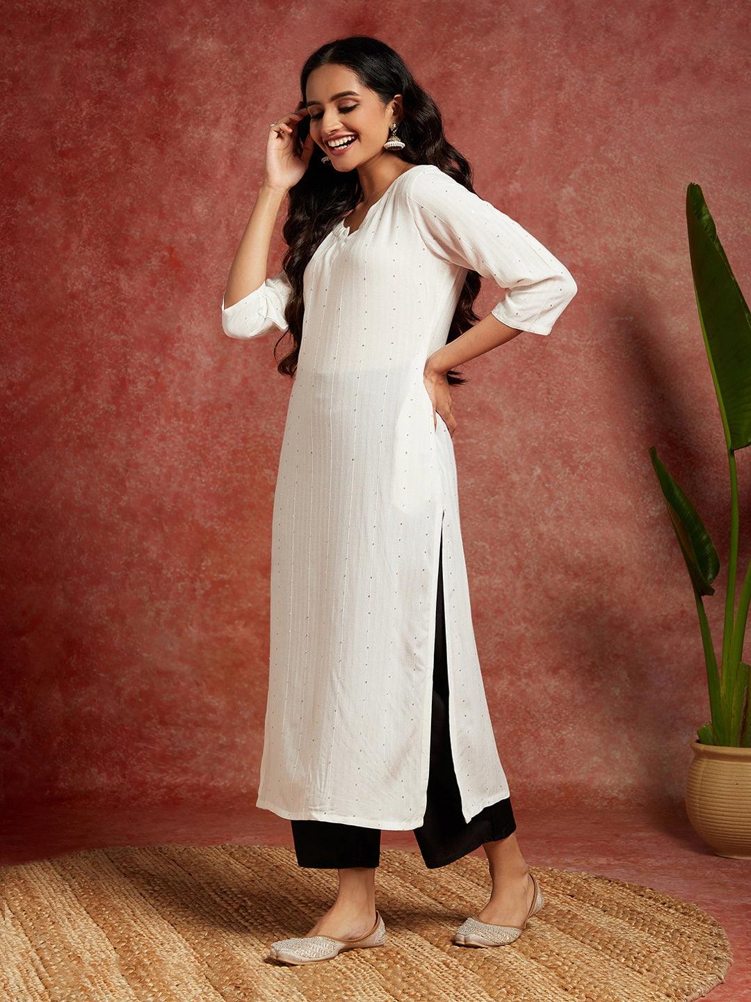 White Embellished Rayon Straight Kurta - ShopLibas