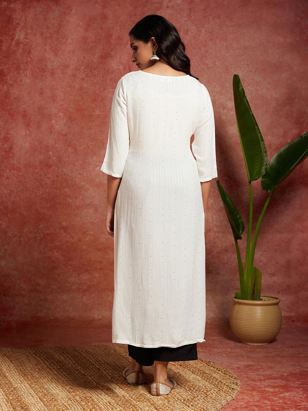 White Embellished Rayon Straight Kurta - ShopLibas