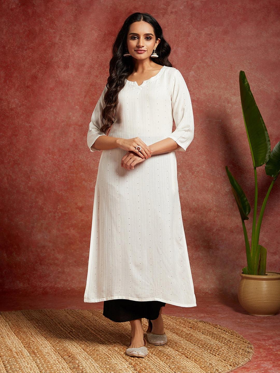White Embellished Rayon Straight Kurta - ShopLibas