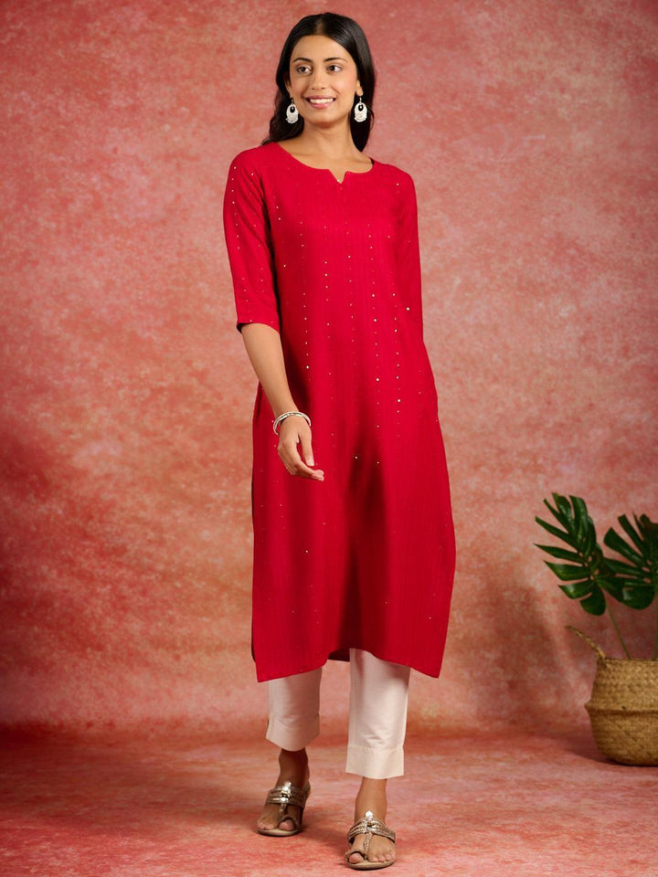 Red Embroidered Rayon Straight Kurta