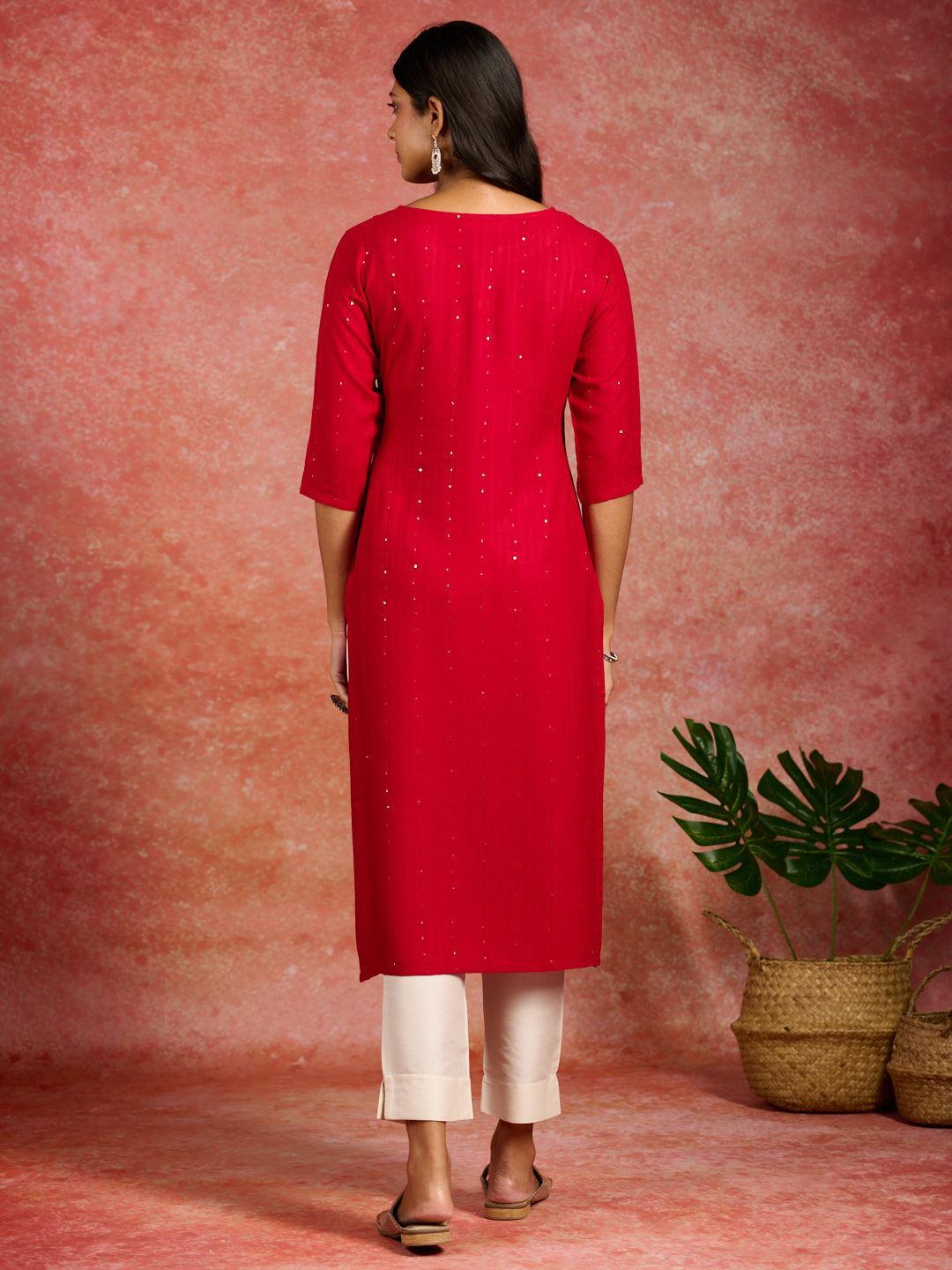 Red Embroidered Rayon Straight Kurta - ShopLibas