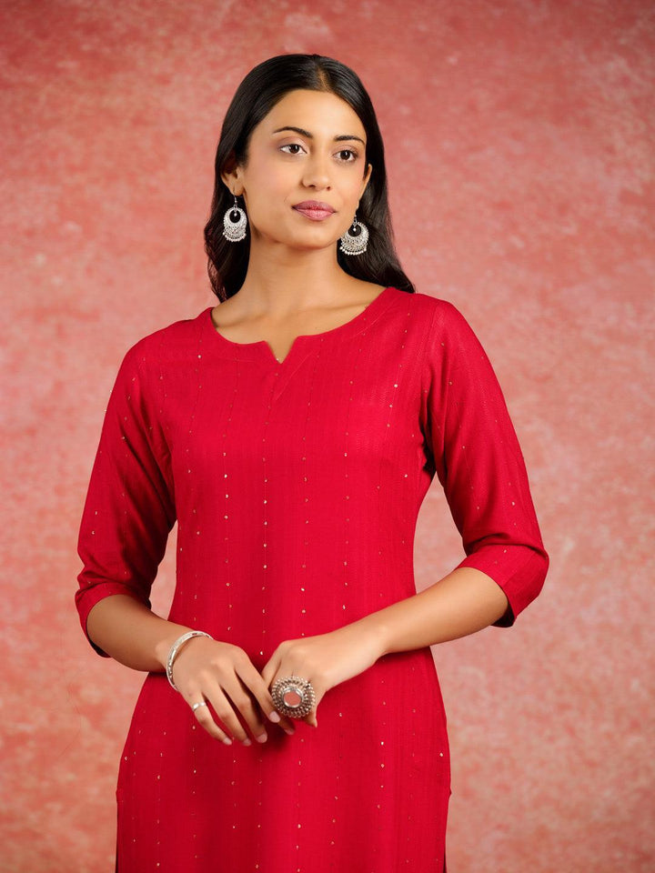 Red Embroidered Rayon Straight Kurta