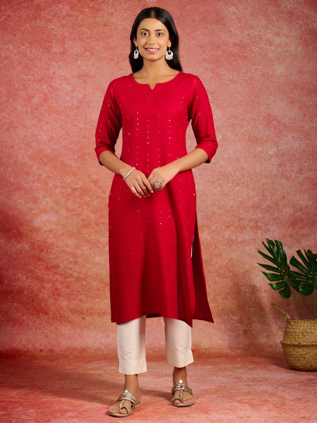 Red Embroidered Rayon Straight Kurta - ShopLibas