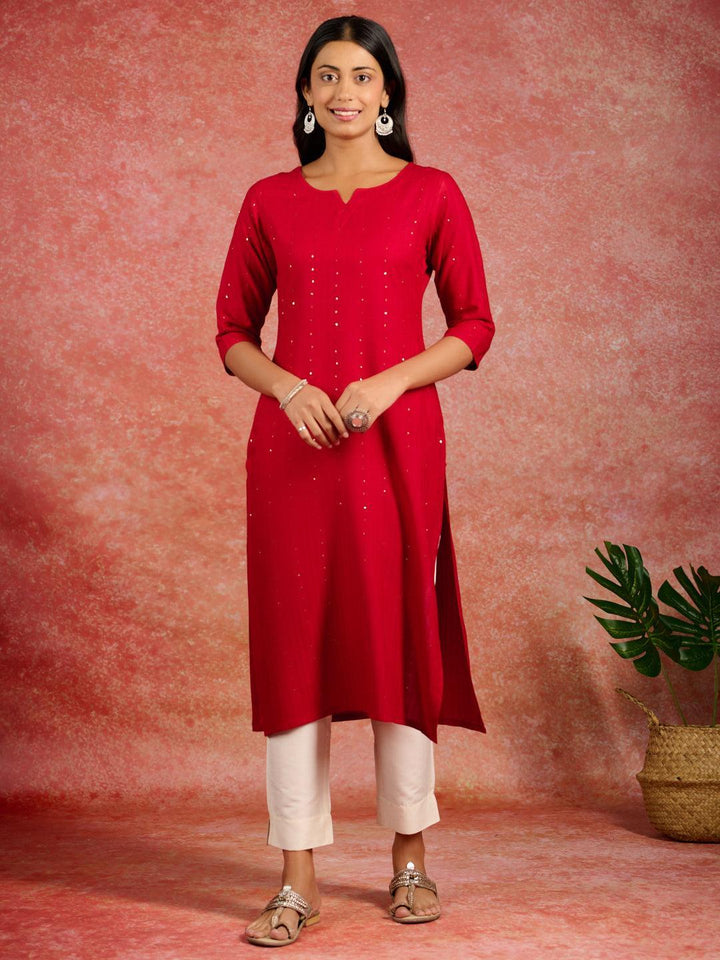 Red Embroidered Rayon Straight Kurta