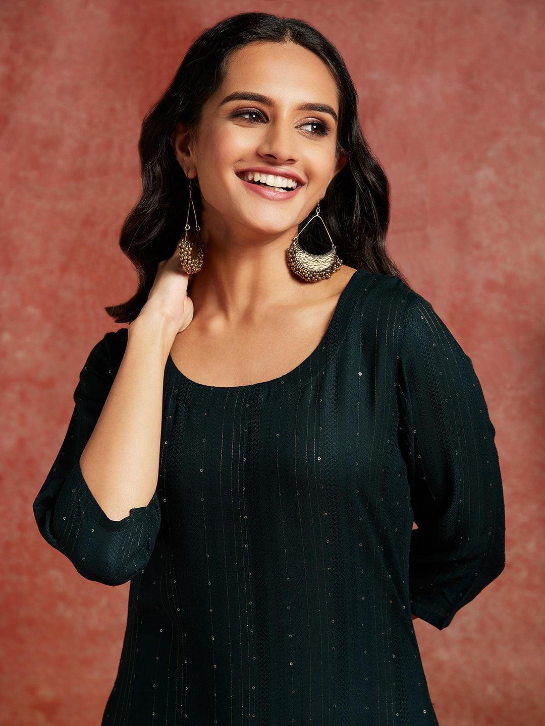 Green Woven Design Rayon Straight Kurta - ShopLibas