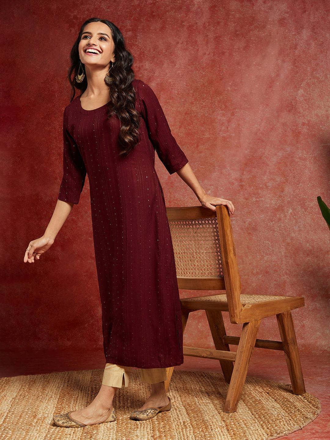 Maroon Woven Design Rayon Straight Kurta - ShopLibas