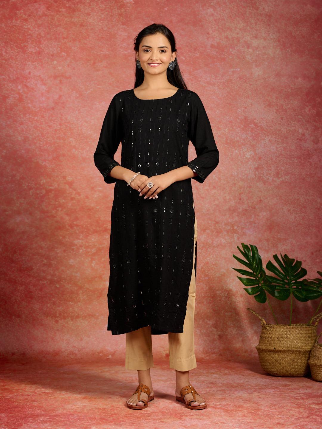 Black Embroidered Rayon Straight Kurta - ShopLibas