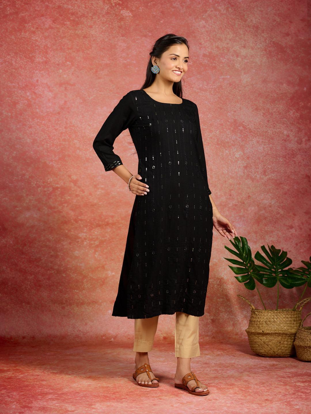 Black Embroidered Rayon Straight Kurta - ShopLibas