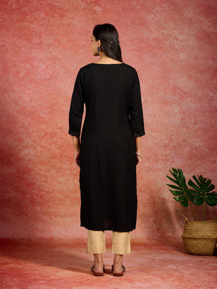 Black Embroidered Rayon Straight Kurta