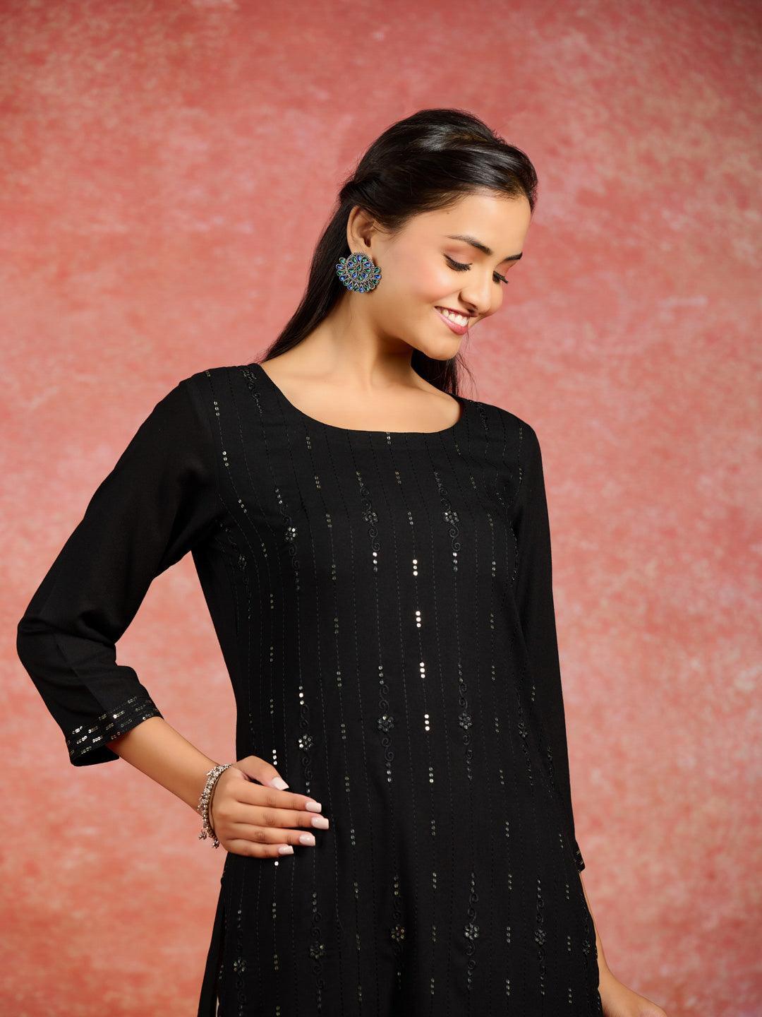 Black Embroidered Rayon Straight Kurta - ShopLibas