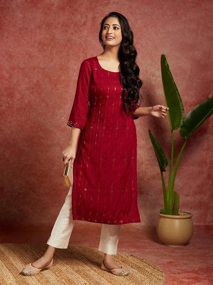 Maroon Embroidered Rayon Straight Kurta