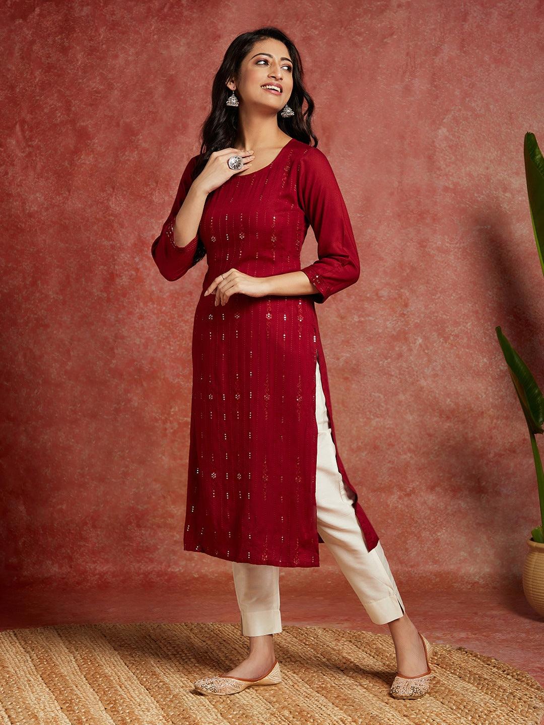 Maroon Embroidered Rayon Straight Kurta - ShopLibas