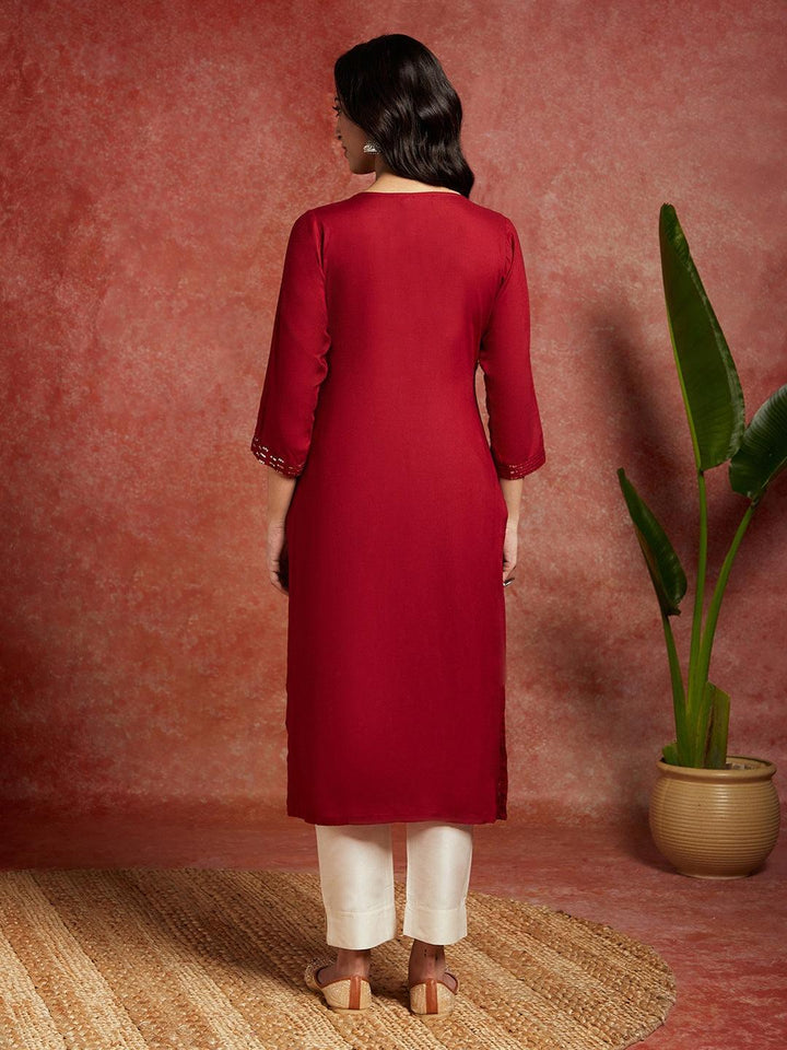 Maroon Embroidered Rayon Straight Kurta