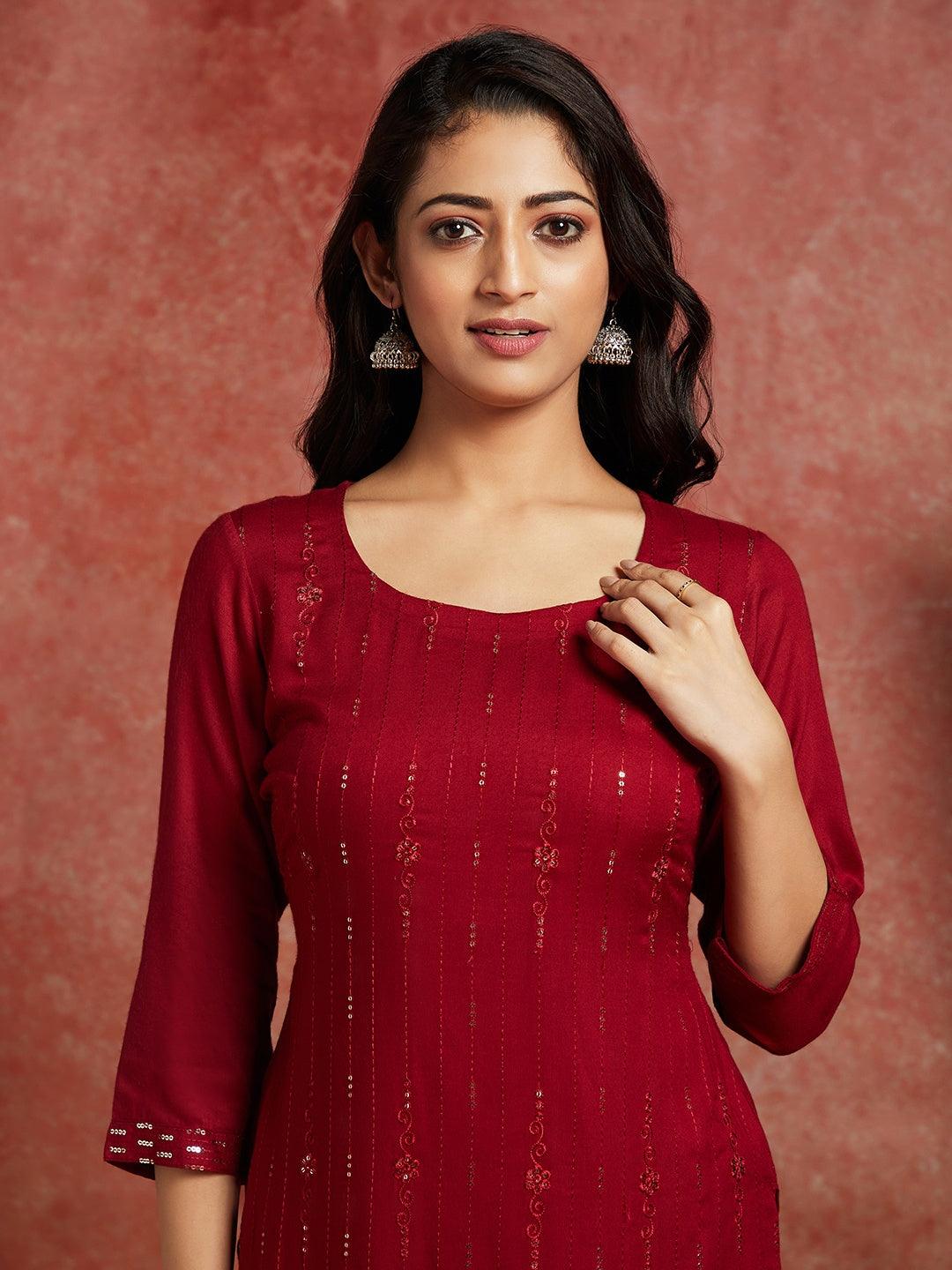 Maroon Embroidered Rayon Straight Kurta - ShopLibas