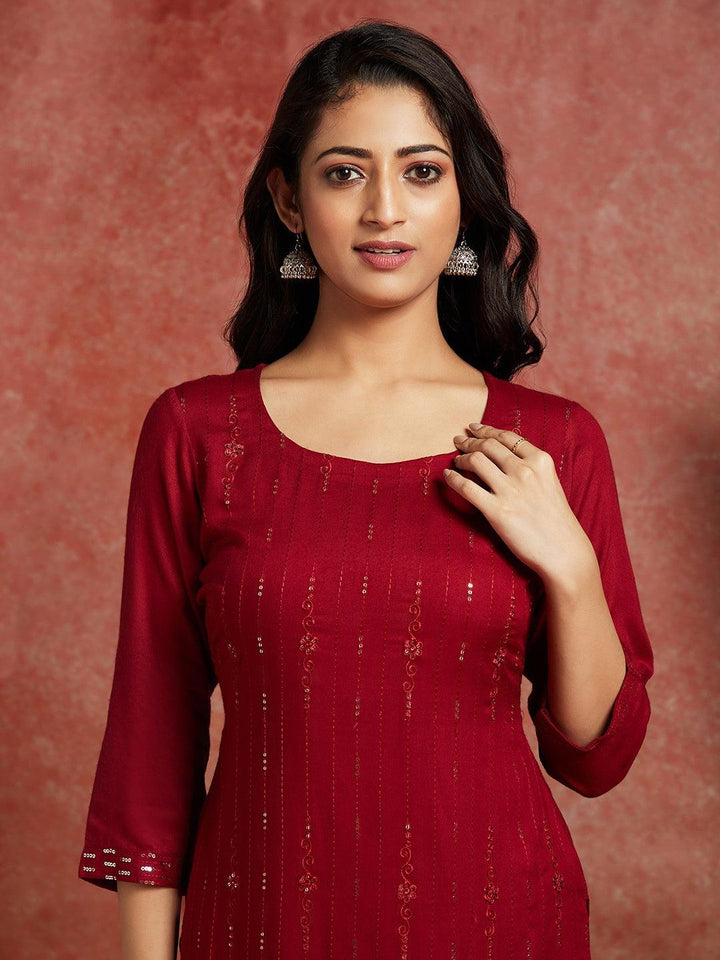 Maroon Embroidered Rayon Straight Kurta