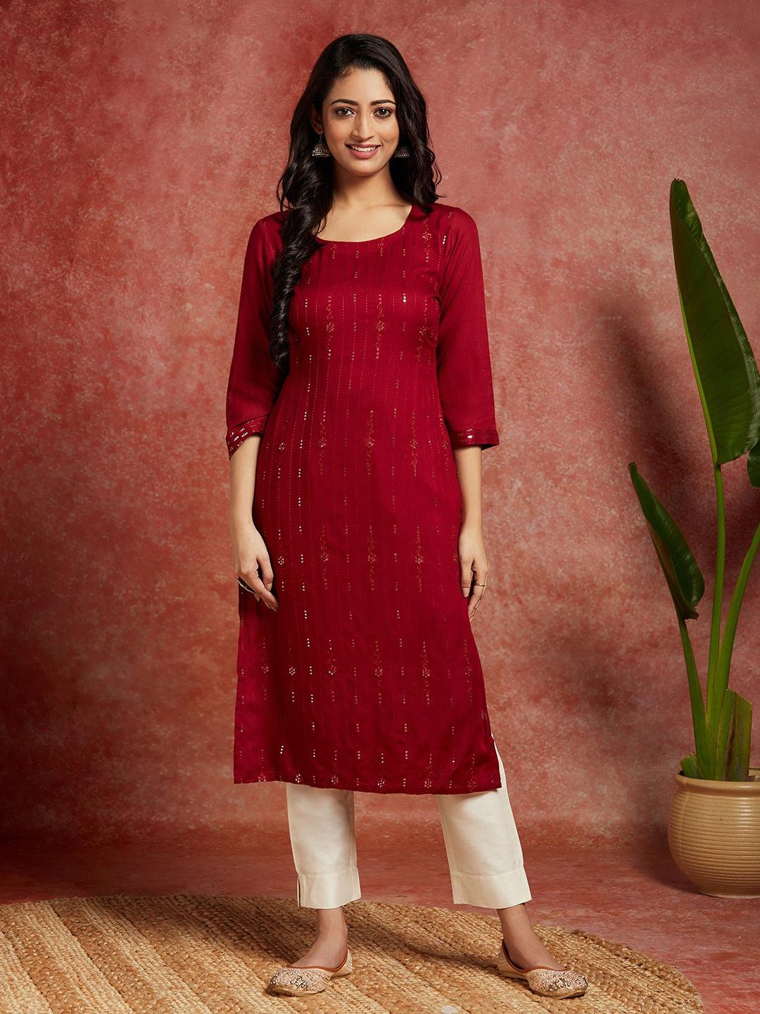Maroon Embroidered Rayon Straight Kurta - ShopLibas