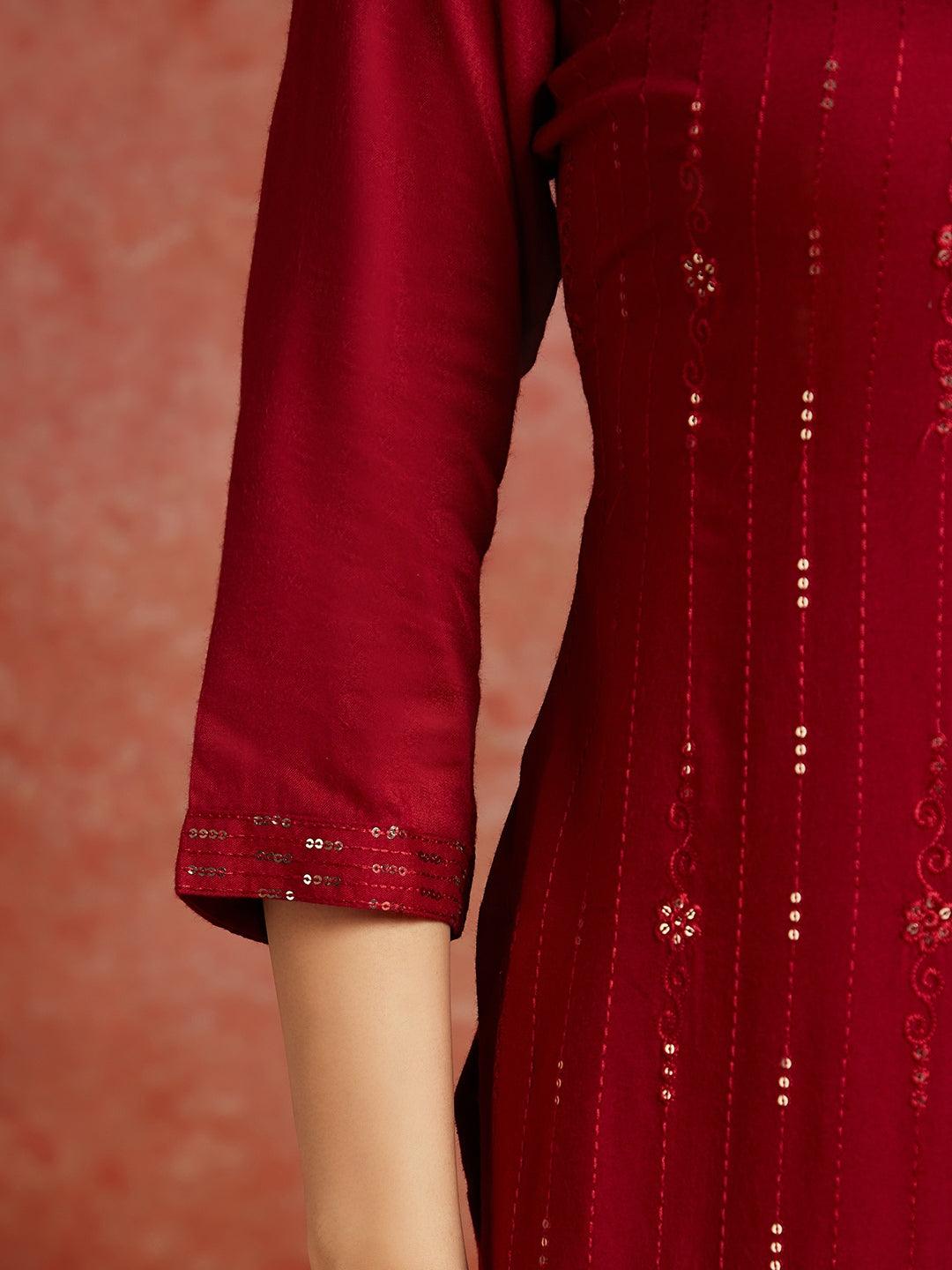 Maroon Embroidered Rayon Straight Kurta - ShopLibas