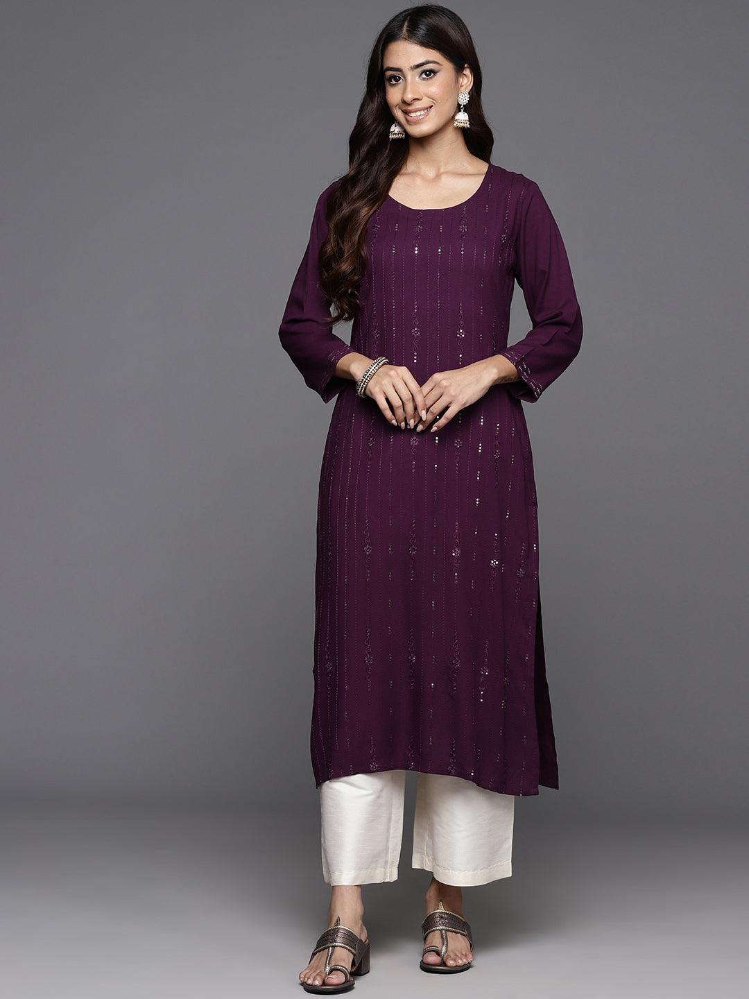 Wine Embroidered Rayon Straight Kurta - ShopLibas