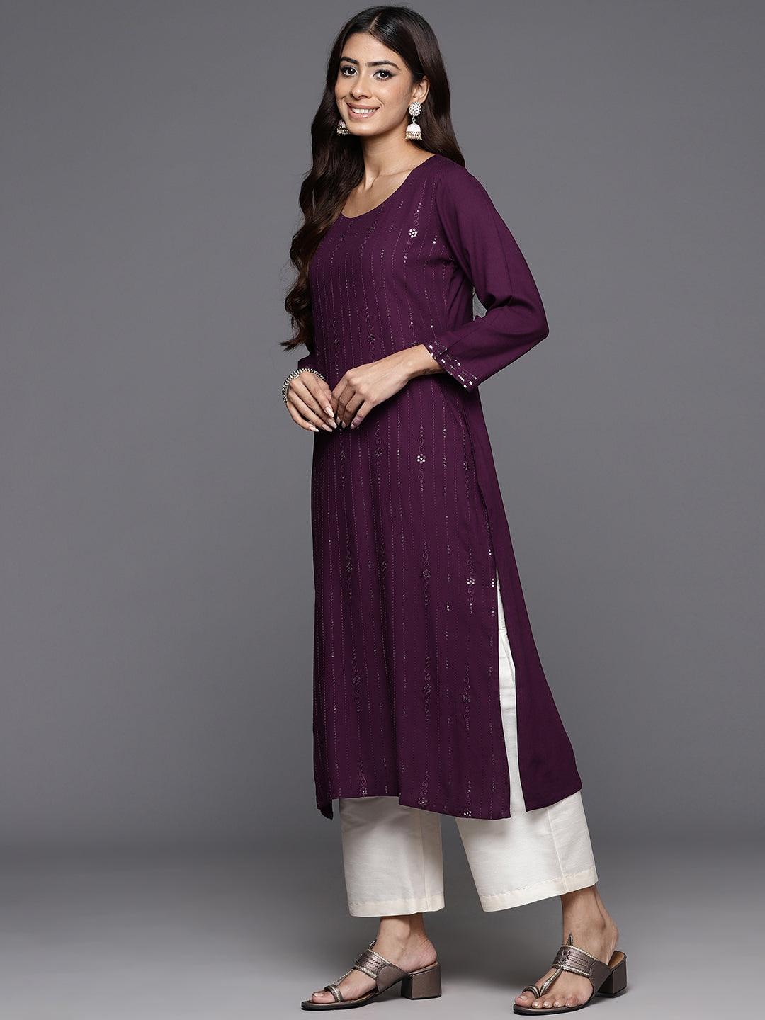 Wine Embroidered Rayon Straight Kurta - ShopLibas