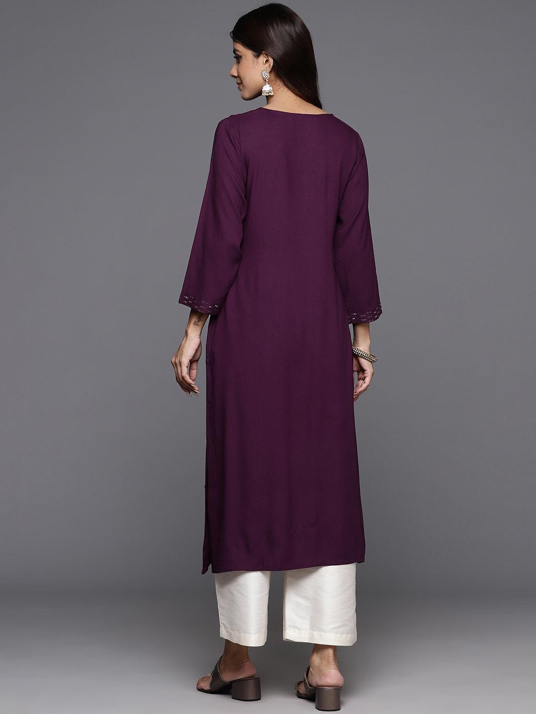 Wine Embroidered Rayon Straight Kurta - ShopLibas