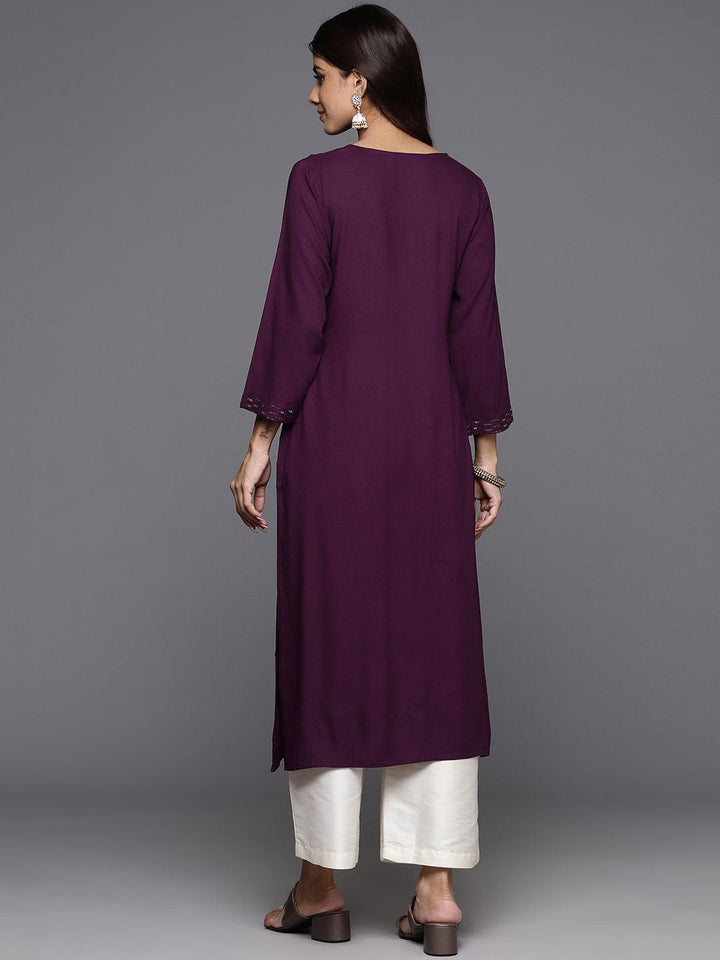 Wine Embroidered Rayon Straight Kurta