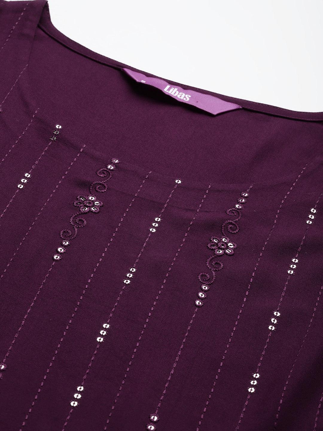 Wine Embroidered Rayon Straight Kurta - ShopLibas