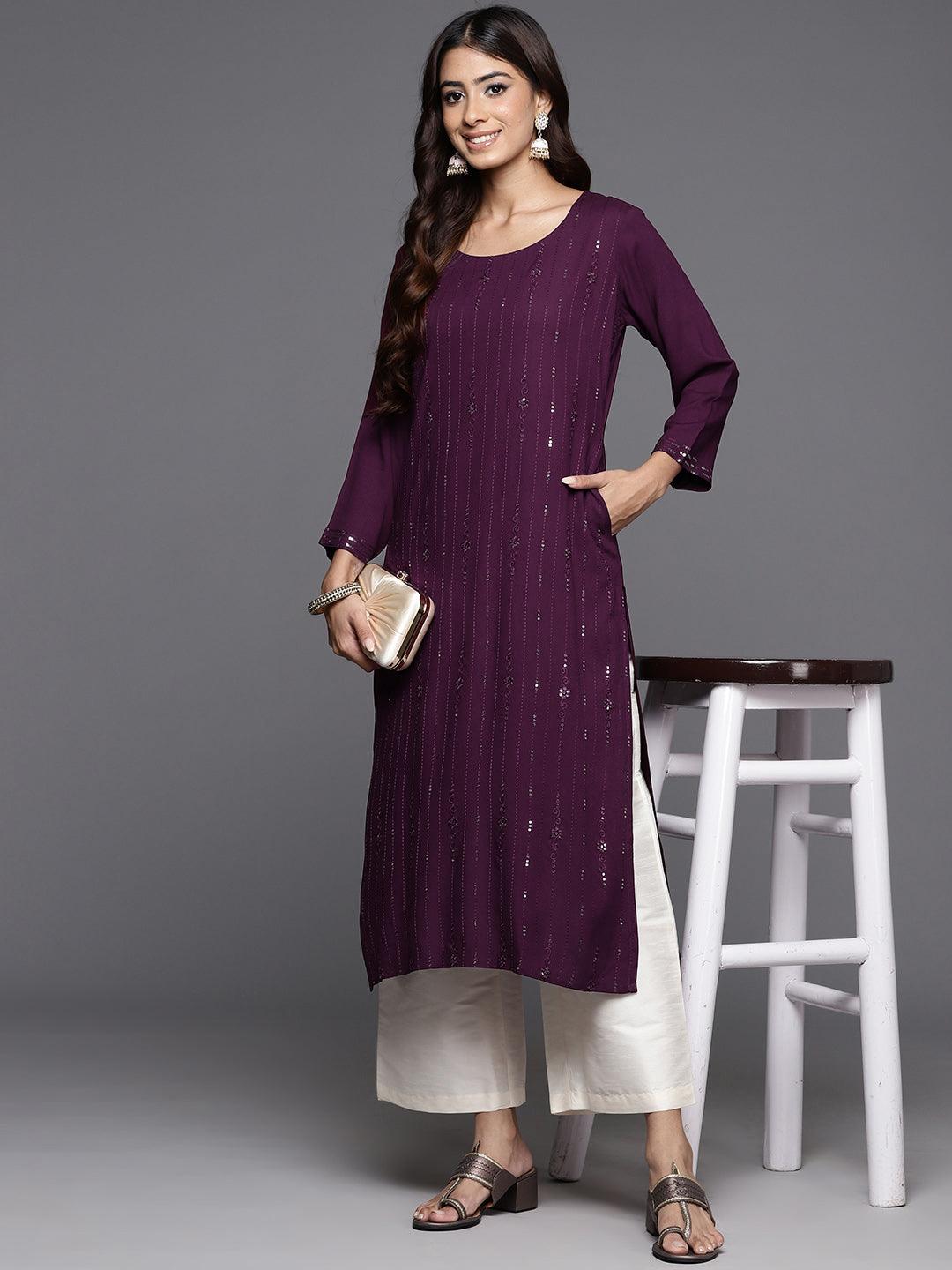 Wine Embroidered Rayon Straight Kurta - ShopLibas