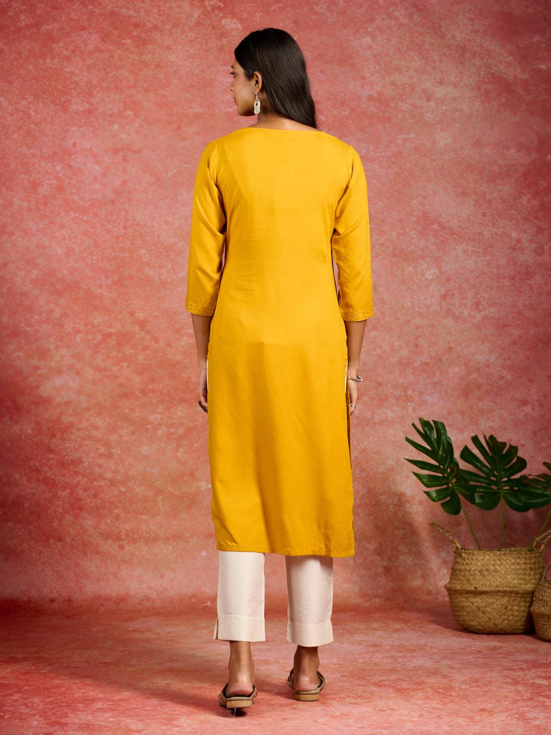 Mustard Sequins Rayon Straight Kurta - ShopLibas