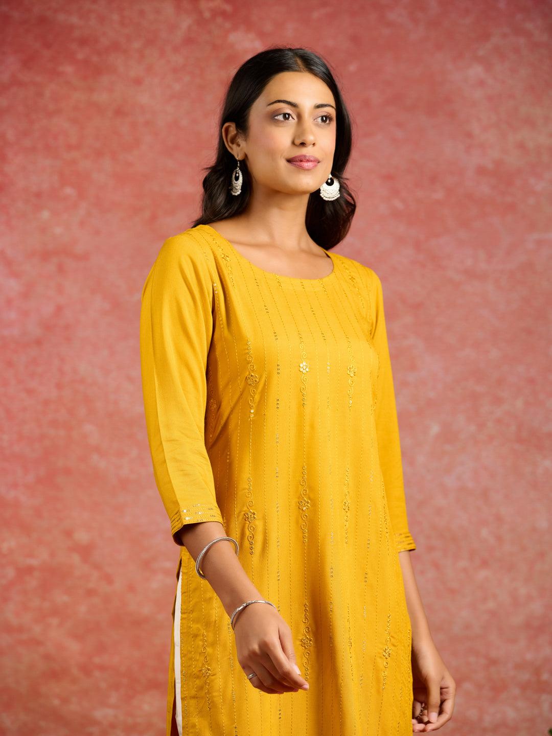 Mustard Sequins Rayon Straight Kurta - ShopLibas