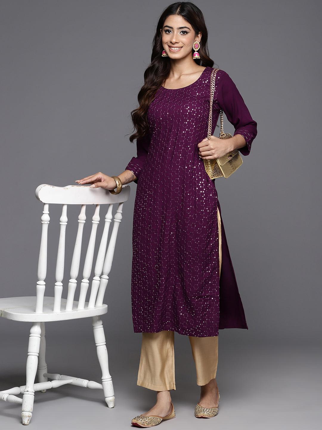 Wine Embroidered Rayon Straight Kurta - ShopLibas