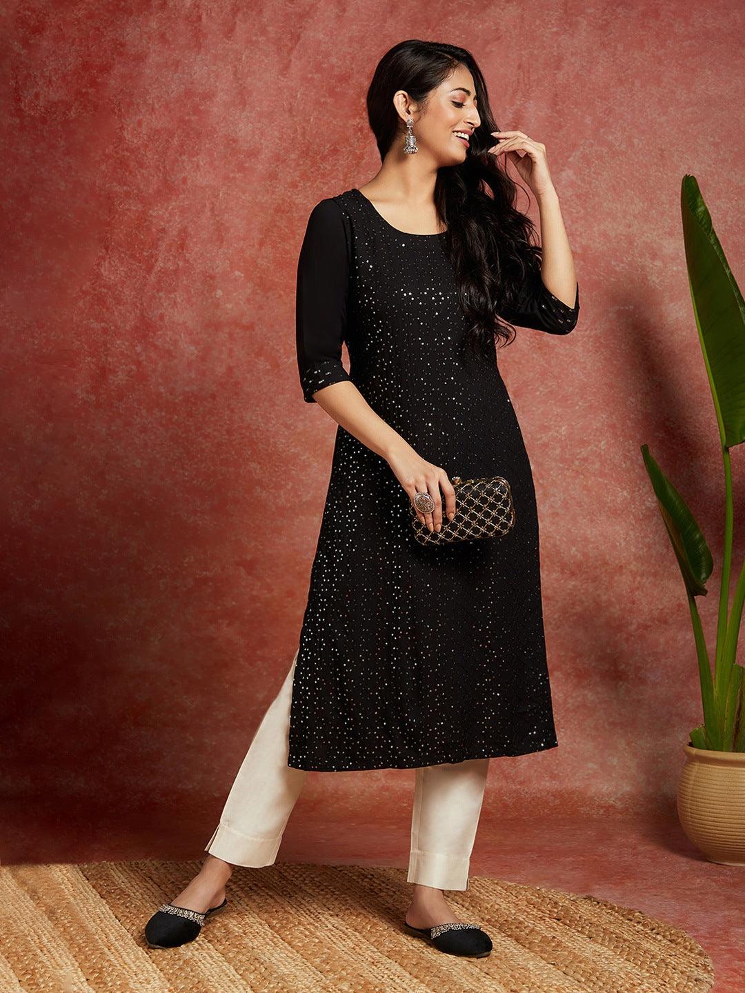 Black Embellished Rayon Straight Kurta - ShopLibas