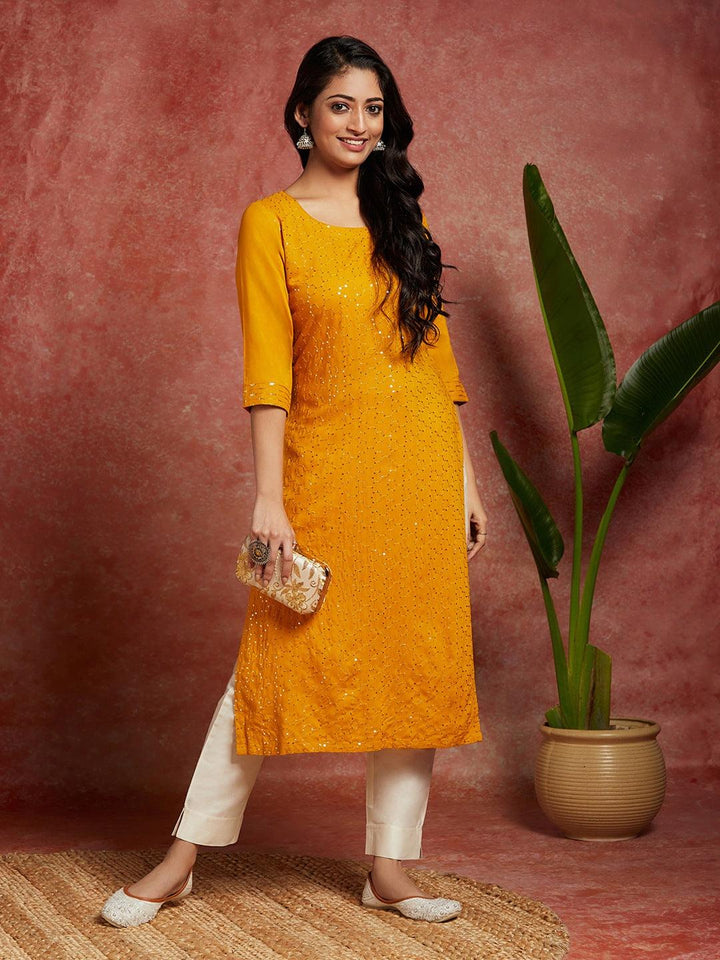 Mustard Embellished Rayon Straight Kurta
