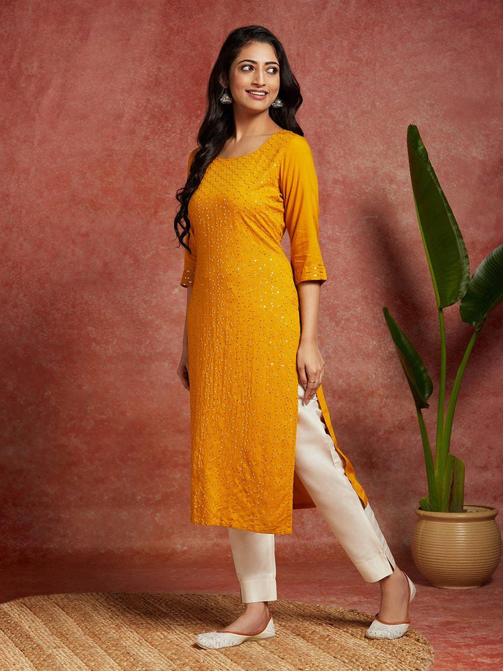 Mustard Embellished Rayon Straight Kurta