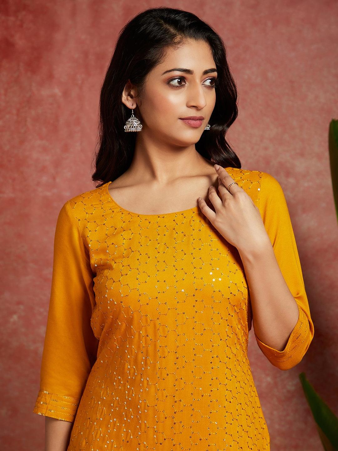 Mustard Embellished Rayon Straight Kurta - ShopLibas