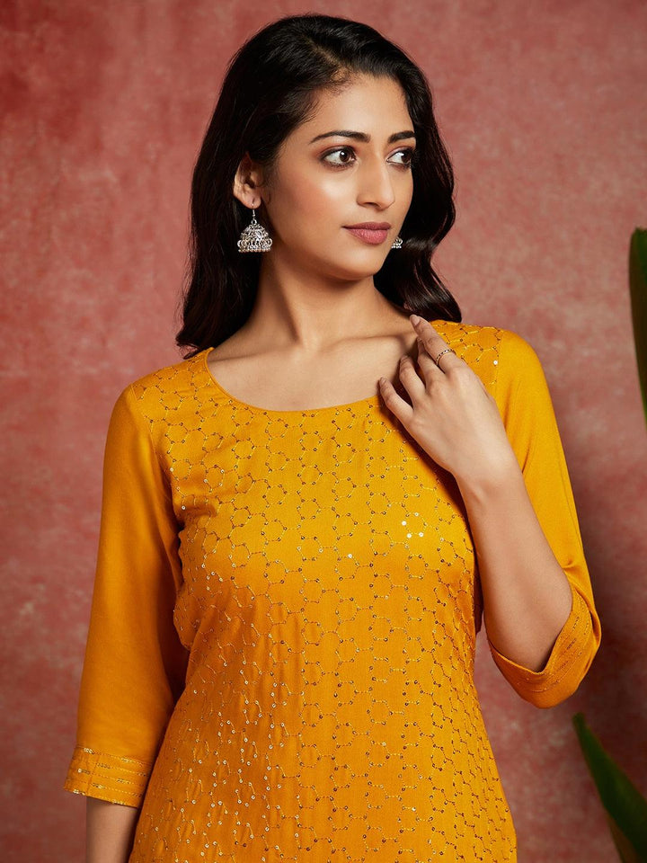 Mustard Embellished Rayon Straight Kurta