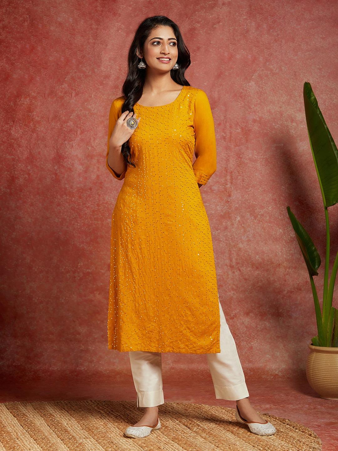 Mustard Embellished Rayon Straight Kurta - ShopLibas