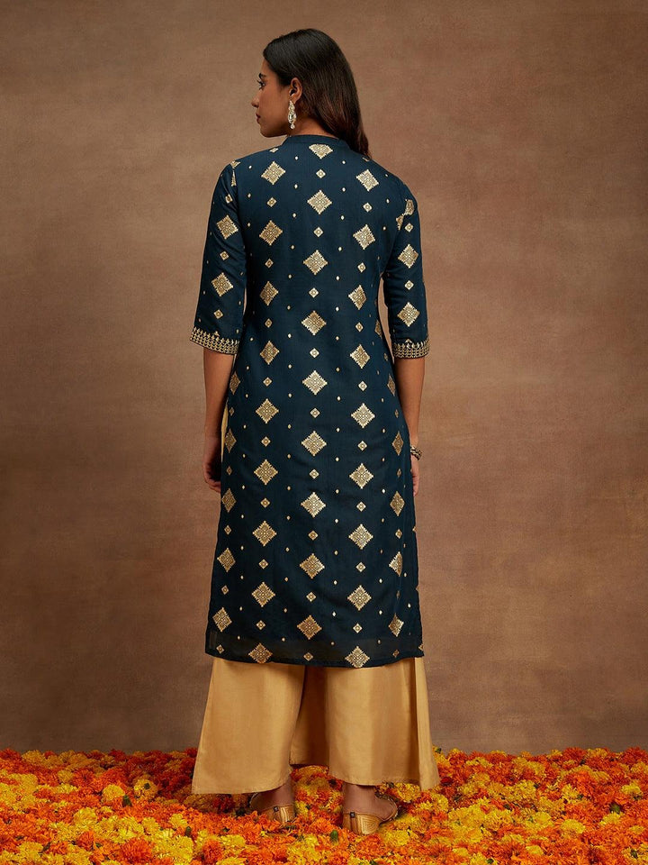 Blue Woven Design Chanderi Silk Straight Kurta
