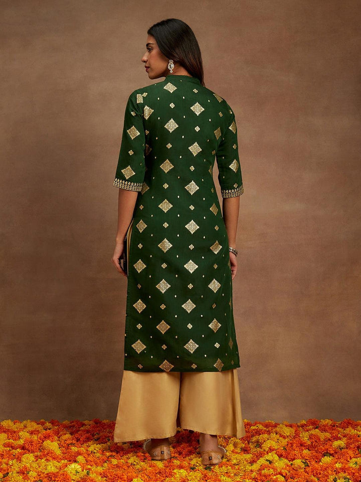 Green Woven Design Chanderi Silk Straight Kurta