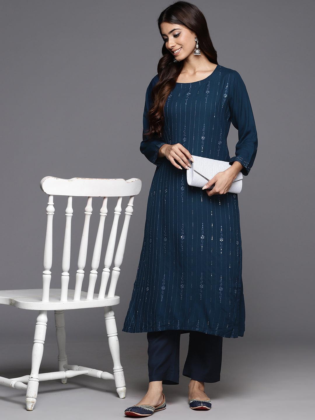 Blue Embellished Rayon Straight Kurta - ShopLibas
