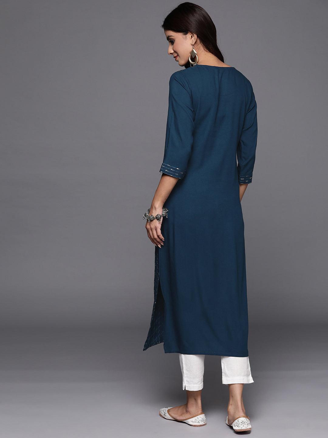 Blue Embellished Rayon Straight Kurta - ShopLibas