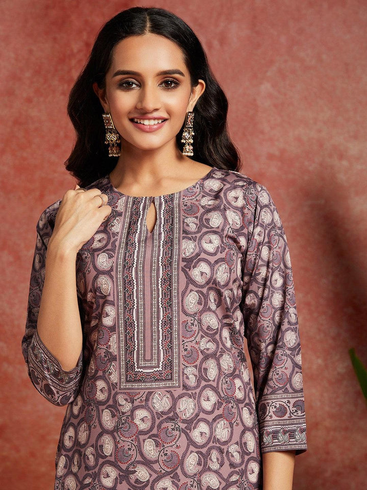 Mauve Printed Crepe Straight Kurta