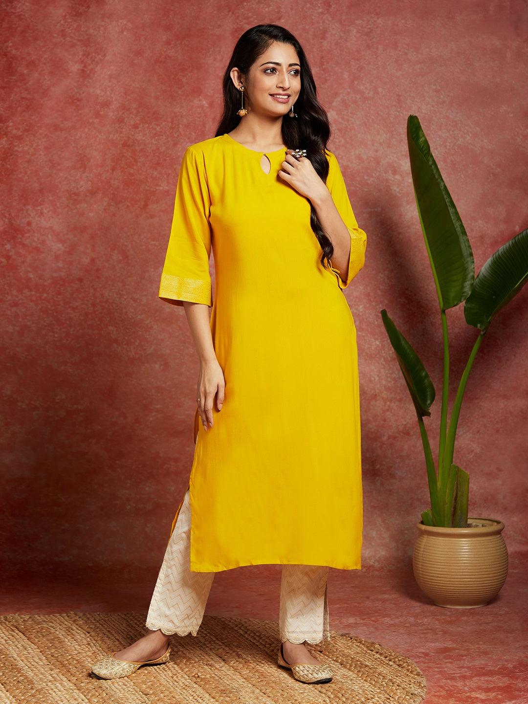 Mustard Solid Rayon Straight Kurta - ShopLibas