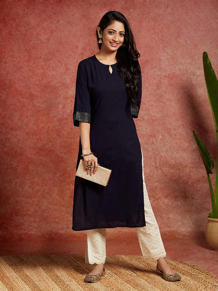 Navy Blue Solid Rayon Straight Kurta