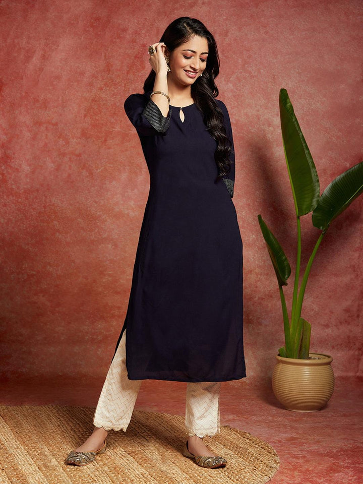 Navy Blue Solid Rayon Straight Kurta