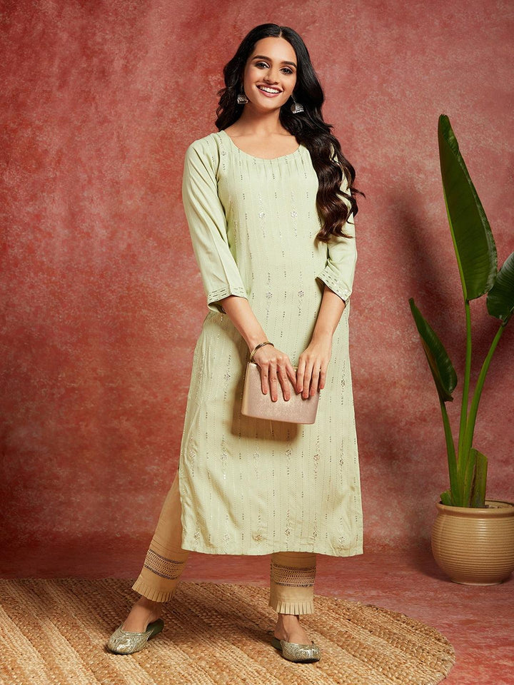 Pista Green Embroidered Rayon Straight Kurta